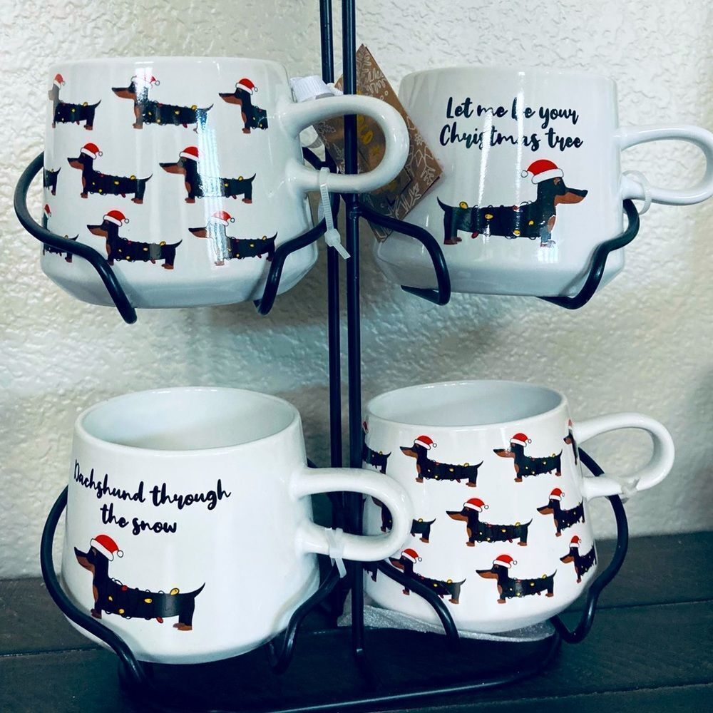 Christmas Dachshund Dog Ceramic Mugs Caddy Holiday Gift Set